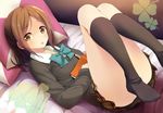  bed book brown_eyes brown_hair chestnut_mouth fujimiya_kaori indoors isshuukan_friends kneehighs komone_ushio legs_up long_legs looking_at_viewer lying mechanical_pencil neck_ribbon no_shoes on_bed open_book open_mouth pencil pillow ribbon school_uniform short_hair skirt solo sweater 