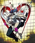  1girl alex_ahad bandages blood blue_hair body_bag breasts cleavage dress fighting_stance gloves hair_over_one_eye hat heart highres intravenous_drip lab_zero_games large_breasts mask nurse nurse_cap official_art red_eyes revision saw scalpel short_dress skullgirls solo stethoscope sword symbol-shaped_pupils syringe valentine_(skullgirls) weapon 