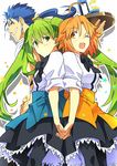  2girls ahoge blush fate/hollow_ataraxia fate/stay_night fate_(series) green_eyes green_hair hibino_hibiki katsuragi_chikagi kon_manatsu lancer long_hair multiple_girls orange_hair pantyhose ponytail short_hair twintails type-moon waiter yellow_eyes 