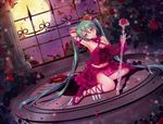  arm_up bad_id bad_pixiv_id clock corset full_moon green_eyes green_hair hatsune_miku head_tilt long_hair marmalade_(elfless_vanilla) midriff moon petals project_diva_(series) project_diva_2nd roman_numerals romeo_to_cinderella_(vocaloid) sitting skirt solo twintails very_long_hair vintage_dress_(module) vocaloid 