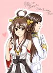  1girl admiral_(kantai_collection) ahoge bare_shoulders brown_hair comic detached_sleeves double_bun hair_ornament hairband heart highres japanese_clothes kantai_collection kongou_(kantai_collection) long_hair looking_at_viewer miyuika nontraditional_miko playing_with_own_hair translated 