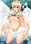  absurdres ahoge angel_wings bad_id bad_pixiv_id blonde_hair blue_eyes blush breasts contrapposto detached_collar detached_sleeves feathers hairband hand_on_hip head_wings highleg highres hips inverted_nipples large_breasts long_hair navel nipples o-ring o-ring_bottom original ran_komomo skirt solo transparent wading water white_wings wings 