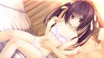  1girl 3: asagiri_sakura bed black_hair blush bow bow_bra bow_panties bra breasts collarbone frilled_bra frilled_panties frills game_cg hair_ribbon hand_on_another's_shoulder hand_on_another's_stomach hetero on_bed oryou panties petite pink_bra pink_hair pink_panties pretty_x_cation red_eyes ribbon side-tie_panties sitting small_breasts twintails underwear underwear_only 