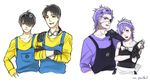  3boys black_hair brown_eyes despicable_me eyepatch fangs gloves goggles goggles_on_head hair_over_one_eye maid minion_(despicable_me) multiple_boys overalls personification purple_eyes purple_hair purple_shirt rm-parfait shirt yellow_shirt 