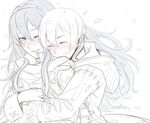  1girl ^_^ arm_up blue_eyes blue_hair blush cape closed_eyes couple eyes fingerless_gloves fire_emblem fire_emblem:_kakusei gloves hair_between_eyes hetero hood hooded_jacket hug hug_from_behind jacket long_hair long_sleeves lucina male_my_unit_(fire_emblem:_kakusei) monochrome my_unit_(fire_emblem:_kakusei) one_eye_closed parted_lips petals simple_background sketch smile spot_color tiara tusia 