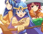  blue_eyes blue_hair blush bodysuit brown_eyes cape circlet dragon_quest dragon_quest_iii elbow_gloves gloves hat hyakuen_raitaa light_smile long_hair looking_at_viewer mage_(dq3) multiple_girls orange_bodysuit priest_(dq3) red_hair sage_(dq3) staff white_background witch_hat 