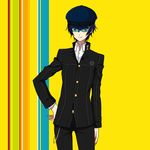 androgynous blue_eyes blue_hair cabbie_hat glasses hand_on_hip hat highres iketsuko persona persona_4 persona_4_the_golden reverse_trap shirogane_naoto short_hair solo 