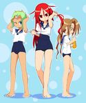  3girls barefoot blonde_hair blue_background blue_eyes brown_eyes brown_hair chat long_hair multiple_girls open_mouth ponytail red_eyes red_hair rommy school_uniform short_hair suzu_fujibayashi swimsuit tales_of_(series) tales_of_eternia tales_of_phantasia tales_of_the_tempest towel wink 