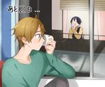  1girl black_hair brown_eyes brown_hair closed_eyes kitashirakawa_tamako long_hair low_twintails momose_(oqo) ooji_mochizou short_hair string_phone tamako_love_story tamako_market twintails window you're_doing_it_wrong 