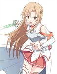  asuna_(sao) breastplate brown_eyes brown_hair detached_sleeves hyakuen_raitaa long_hair open_mouth pleated_skirt rapier skirt solo sword sword_art_online thighhighs weapon white_legwear 