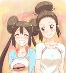  ^_^ blush brown_eyes brown_hair closed_eyes double_bun grin hair_bun hyakuen_raitaa long_hair mei_(pokemon) mother_(pokemon) mother_and_daughter multiple_girls pokemon pokemon_(game) pokemon_bw2 raglan_sleeves smile twintails 