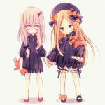  2girls abigail_williams_(fate/grand_order) bags_under_eyes bangs black_bow black_dress black_footwear black_hat blonde_hair bloomers blue_eyes blush bow bug butterfly chibi closed_mouth dress eyebrows_visible_through_hair fate/grand_order fate_(series) forehead hair_bow hand_holding hat head_tilt holding holding_stuffed_animal insect katagiri_atsuko lavinia_whateley_(fate/grand_order) long_hair long_sleeves multiple_girls object_hug orange_bow parted_bangs pink_eyes polka_dot polka_dot_bow red_footwear silver_hair sleeves_past_fingers sleeves_past_wrists smile standing stuffed_animal stuffed_toy teddy_bear underwear very_long_hair white_bloomers wide-eyed 