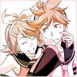  1girl ^_^ bad_id bad_pixiv_id brother_and_sister chin_rest closed_eyes grin juu_(juuzi) kagamine_len kagamine_rin looking_up monochrome poking sailor_collar short_hair siblings sitting smile vocaloid 