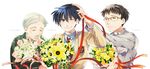  blue_eyes blue_hair bouquet brown_hair clannad family father_and_son flower glasses grey_hair highres hikarizaka_private_high_school_uniform koumura_toshio male_focus multiple_boys okazaki_naoyuki okazaki_tomoya one_eye_closed ribbon school_uniform short_hair takumi_(scya) 