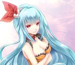  blue_hair breasts choker cleavage collarbone crossed_arms gradient gradient_background hair_ornament long_hair medium_breasts pink_background red_eyes rocbouquet_(saga) romancing_saga_2 saga smile solo white_background yuuri_mitsuki 