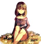  bad_id bad_pixiv_id bare_legs bob_cut book brown_hair flower frown grass jitome legs looking_at_viewer medium_hair off-shoulder_sweater on_ground open_book original red_eyes ribbed_sweater sitting solo sweater tthal 