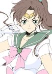  agahari back_bow bishoujo_senshi_sailor_moon bow brown_hair choker earrings gloves green_choker green_eyes green_sailor_collar heart highres jewelry kino_makoto long_hair magical_girl pink_bow ponytail sailor_collar sailor_jupiter sailor_senshi_uniform smile solo star star_choker super_sailor_jupiter tiara white_gloves 