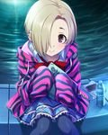  artist_request bottle brown_eyes cellphone earrings hair_over_one_eye idolmaster idolmaster_cinderella_girls jewelry official_art pantyhose phone shirasaka_koume short_hair sleeves_past_fingers sleeves_past_wrists smartphone solo water_bottle 