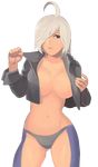  ahoge angel_(kof) breasts chaps cropped_jacket grey_panties hair_over_one_eye jacket large_breasts no_bra no_pants open_clothes open_jacket panties silver_hair solo steward_b the_king_of_fighters underwear 