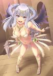  ankh bare_shoulders bracelet breasts demon_tail full_body hair_ornament hammer highres horns jewelry large_breasts long_hair looking_at_viewer navel open_mouth original purple_eyes purple_hair sandals sasaame smile solo standing symbol-shaped_pupils tail weapon wings 
