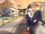  1girl anime_location bad_id bad_pixiv_id black_hair blue_eyes brown_eyes brown_hair bus ground_vehicle kitashirakawa_tamako kyoto long_hair low_twintails miro_(katsushikashibamata) motor_vehicle ooji_mochizou scenery school_uniform short_hair tamako_love_story tamako_market traffic_light twintails 