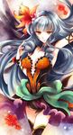  armpits blue_hair chino_(elfuun-78) curly_hair detached_collar flower hair_flower hair_ornament hairband long_hair orange_eyes red_flower red_rose rocbouquet_(saga) romancing_saga_2 rose saga skirt smile solo thighhighs 