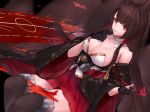  1girl akagi_(azur_lane) animal_ears azur_lane bangs bare_shoulders black_kimono blunt_bangs breasts brown_hair cleavage closed_mouth commentary detached_collar dutch_angle english_commentary eyebrows_visible_through_hair finger_to_chin fox_ears fox_girl gloves hakama_skirt highres japanese_clothes kimono kitsune large_breasts neonbeat off_shoulder orange_eyes partly_fingerless_gloves red_skirt sitting skirt smile thighhighs thighs wide_sleeves 