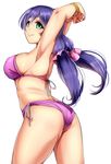  armpits arms_up ass bangle bikini blush bracelet breasts green_eyes highres jewelry large_breasts long_hair looking_at_viewer love_live! love_live!_school_idol_project low_twintails pink_scrunchie purple_bikini purple_hair scrunchie side-tie_bikini simple_background smile solo swimsuit toujou_nozomi twintails umakatsuhai white_background 