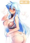  blue_hair blush breasts cleavage covered_nipples crop_top jacket large_breasts long_hair mel/a melmaid mouth_hold no_pants original panties red_eyes side-tie_panties simple_background solo thong towel towel_around_neck underwear white_background white_panties 