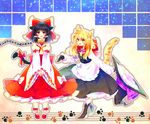  animal_ears apron ascot black_footwear black_gloves black_hair black_skirt blonde_hair blush boots bow braid cat_ears cat_tail chain collar cross-laced_footwear detached_sleeves dog_collar dress eye_contact gloves hair_bow hair_tubes hakurei_reimu hands_together hat hat_bow hat_removed headwear_removed holding holding_hat kirisame_marisa long_hair long_sleeves looking_at_another multiple_girls muzuki_uruu open_mouth paw_print purple_bow red_bow red_eyes red_scarf ribbon scarf short_hair side_braid sidelocks skirt standing tail tail_ribbon touhou vest waist_apron white_bow witch_hat yellow_eyes 