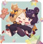  2girls :d ^_^ abigail_williams_(fate/grand_order) animal_ears bangs bear_ears bear_girl bear_tail black_bow black_jacket blonde_hair blush bow brown_pants closed_eyes commentary_request crossed_bandaids eyes_closed fate/grand_order fate_(series) grey_hoodie hair_bow hair_bun heroic_spirit_traveling_outfit high_heels highres hood hood_down hoodie jacket katsushika_hokusai_(fate/grand_order) kemonomimi_mode kurono_kito long_hair long_sleeves multiple_girls open_mouth orange_bow outstretched_arms pants parted_bangs polka_dot polka_dot_bow purple_eyes red_footwear revision saint_quartz shoes sleeves_past_fingers sleeves_past_wrists smile stuffed_animal stuffed_toy tail teddy_bear 