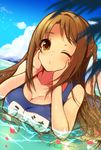  braid breasts brown_eyes brown_hair chin_rest cleavage idolmaster idolmaster_cinderella_girls large_breasts long_hair looking_at_viewer lying o3o on_stomach one-piece_swimsuit one_eye_closed partially_submerged pochi_(pochi-goya) school_swimsuit shimamura_uzuki swimsuit water 