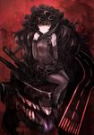  black_hair dress gothic_lolita hebinuma isolated_island_oni kantai_collection lolita_fashion long_hair looking_at_viewer pale_skin pantyhose red_eyes runway shinkaisei-kan smile solo tongue 