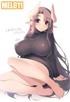  akatsuki_francesca barefoot black_hair blush breasts brown_hair covered_nipples curvy demon_girl earrings feet horns huge_breasts impossible_clothes impossible_shirt jewelry legs long_hair mature mel/a original plump pointy_ears red_eyes revision shirt sitting solo succubus sweater very_long_hair yokozuwari 