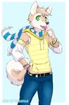  arm_warmers belt bracelet candy canine clothed clothing dog eating fur green_eyes jewelry licking lollipop looking_at_viewer male mammal open_mouth pants scarf shirt solo standing tan_fur tan_hair teeth tokifuji tongue 