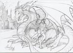  breasts castle claws couple dragon duo female feral greyscale growingdragon horn male monochrome multiple_tails nipples nude outside scales size_difference wings 