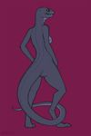  amit anthro digitigrade earhole female grey_skin mali nostril nude paws plain_background purple_background reptile scales scalie snake solo spines standing two_tone_skin yellow_eyes 