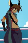  anthro areola breasts brown_fur brown_hair clothing crossgender drake_(las_lindas) edit female fur green_eyes hair hi_res las_lindas long_hair looking_at_viewer markings nipples open_eyes open_shirt outside pants pose sea seaside shirt sky smile solo unknown_artist water 