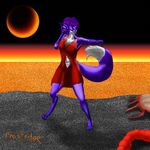  anthro canine claws fighting_stance fox frostridge_dragoone hair lava mammal planet purple_hair purple_skin red_dress signature solo space standing 