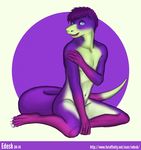  ambiguous_gender anthro blue_eyes claws edesk hair lizard looking_at_viewer navel nude pinup plain_background purple_body purple_hair reptile scalie solo toe_claws white_background 
