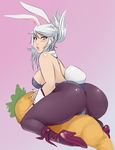  animal_ears blush butt carrot clothed clothing female hair human lagomorph liveforthefunk long_ears looking_at_viewer looking_back mammal pink_background plain_background rabbit rabbit_ears rabbitgirl riven solo white_hair yellow_eyes 