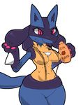  breasts female lucario nintendo pawpads pink_eyes pointy_ears pok&#233;mon pok&eacute;mon smile solo spikes sunscreen suspenders sweat unknown_artist video_games wide_hips 