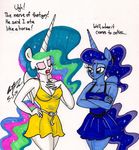  anthro anthrofied blue_eyes blue_hair breasts cleavage clothed clothing crossed_arms dialog dress duo english_text english_txt equine eyes_closed female friendship_is_magic hair horn mammal multi-colored_hair my_little_pony newyorkx3 ponytail princess_celestia_(mlp) princess_luna_(mlp) sibling sisters sparkles standing text winged_unicorn wings 