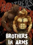  abs anthro army biceps big_muscles blush canine coal_(maririn) comic comic_cover dog_tags eye_contact feline fur gay male mammal maririn mondo muscles nipples panther pecs size_difference sweat toned topless vein wolf 