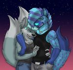  abstract_background anthro biceps blue_eyes blue_hair blush breasts canine clothed clothing couple ear_piercing facial_piercing female fenni frozen_over fur green_eyes hair hyena jeans lip_piercing male mammal multiple_tails necklace piercing shirt smile straight tank_top wolf 