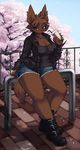  big_breasts boots breasts brown_eyes brown_fur brown_hair canine claws cleavage clothed clothing cup female fur hair jacket looking_at_viewer mammal mrsk petals shirt short_hair shorts sitting sky smile solo thick_thighs thighs tree wide_hips wolf 