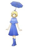  amagai_tarou arms_at_sides balancing balancing_on_head bangs bare_arms blonde_hair blue blue_dress blue_eyes blue_footwear blue_umbrella blush boots borrowed_character breasts closed_mouth commentary_request dress full_body highres looking_at_viewer object_on_head original poncho rubber_boots short_hair simple_background small_breasts smile solo standing umbrella white_background 