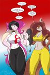  anthro big_breasts black_hair black_nose bra breasts brown_eyes brown_fur brown_hair canine clothed clothing dialog english_text female fox fur green_eyes hair lagomorph long_hair mammal mastergodai midriff multi-colored_hair pants pink_fur pink_hair rabbit rascals reiko_asagi reiko_usagi shirt tank_top text thick_thighs thighs underwear wide_hips 