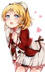  :o ayase_eli bad_id bad_pixiv_id bent_over blonde_hair blue_eyes blush buttons collar dress hair_ornament heart kuromiwa-38 long_hair long_sleeves looking_at_viewer love_live! love_live!_school_idol_project open_mouth ponytail red_dress solo sore_wa_bokutachi_no_kiseki upper_body white_background 