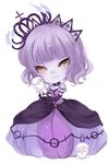  asame21 breasts candle chandelure chibi cleavage crown detached_sleeves dress full_body gen_5_pokemon grey_hair grey_skin litwick long_sleeves medium_breasts personification pokemon puffy_sleeves purple_dress short_hair short_sleeves smile solo white_background yellow_eyes 